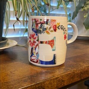 Anthropologie Initial E Cup by Starla M Halfmann. Off White Floral Design. EUC